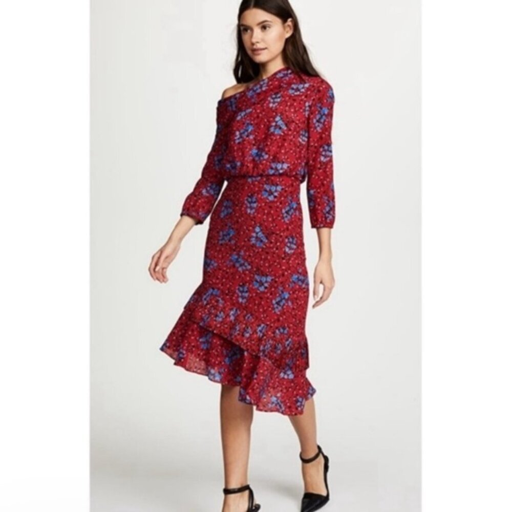 SALONI Lexie 100% SILK Floral Asymmetrical Ruffle Pleat Off Shoulder Dress US 4